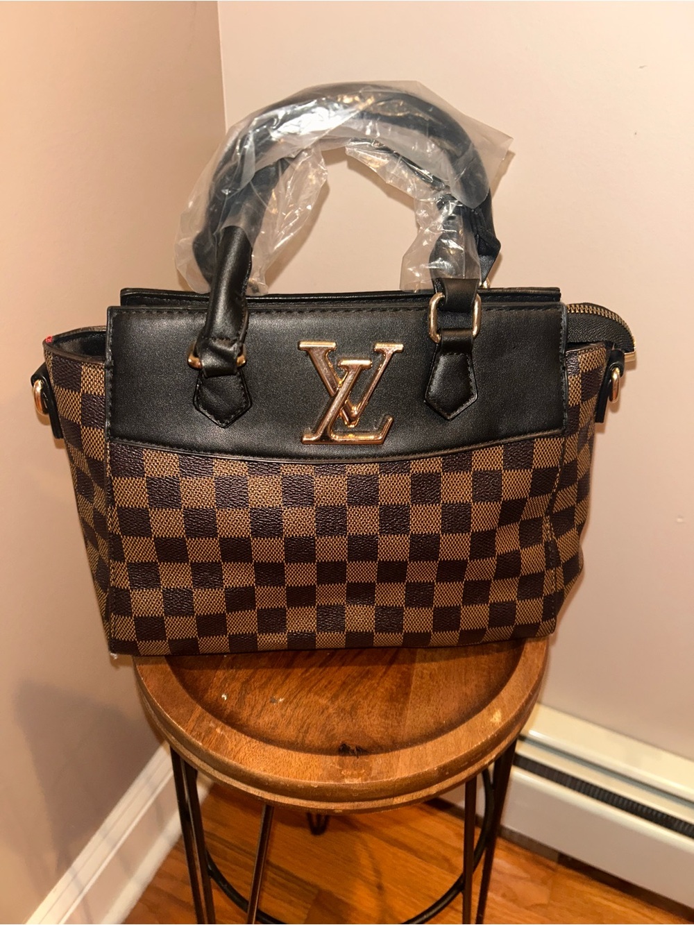 Designer-Inspired Brown Check Satchel with Black Trim